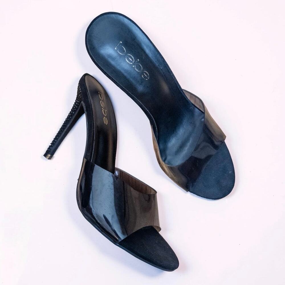 2000s Bebe Sandraa Clear Strap Rhinestone Heel Smoke Black Slide Heels 7.5